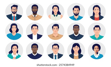 Vector people faces avatars and users collection - Set of illustrations with profile pictures of diverse people in various clothes and styles. Flat design in oval frame on white background
