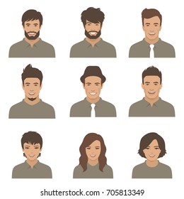 vector people faces. woman, man flat cartoon avatars