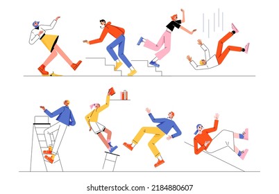 Vector people falling down stairs, ladder and on slippery floor. Cartoon flat illustration set looser men and women stumbling and slipping by accident. Risk of injury. Bad luck or misfortune concept