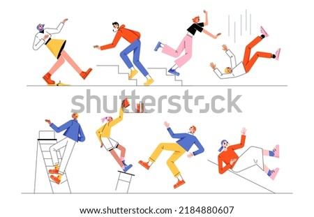 Vector people falling down stairs, ladder and on slippery floor. Cartoon flat illustration set looser men and women stumbling and slipping by accident. Risk of injury. Bad luck or misfortune concept