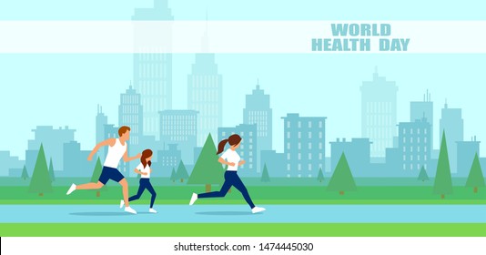 Vector of people a family jogging on a world health day on a cityscape background 