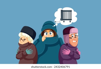 
Vector People Feeling Cold Thinking of an Electric Heater Solution. Family freezing at home thinking of their electric bill
