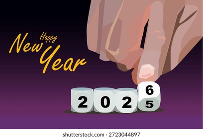 vector of people finger pointing and changing 4 dice from 2025 to 2026 on the table celebrating happy new year