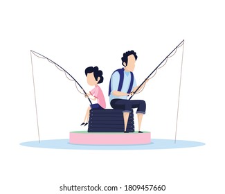 vector of people fishing, Father and son fishing, spending time fishing with family, fishing happy. with a flat vector concept