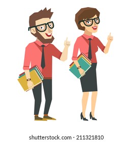 Vector people in flat style. Smart man and woman holding books and pointing with their fingers