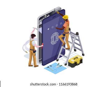 Vector people in the form of a telephone repair service.3d isometric vector illustration design templates for business.
