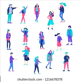 Vector people friends character. Group of teenagers in winter or autumn trendy clother