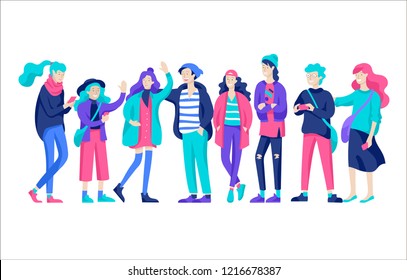 Vector people friends character. Group of teenagers in winter or autumn trendy clother