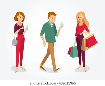 vector  people with gadgets and shopping bags