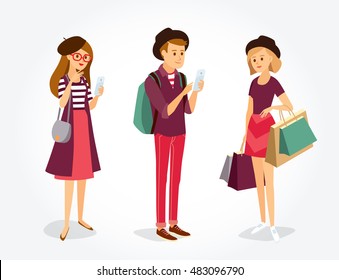 Vector  people with gadgets and shopping bags