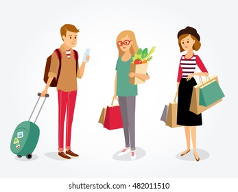 vector  people with gadgets, travel bag and shopping bags