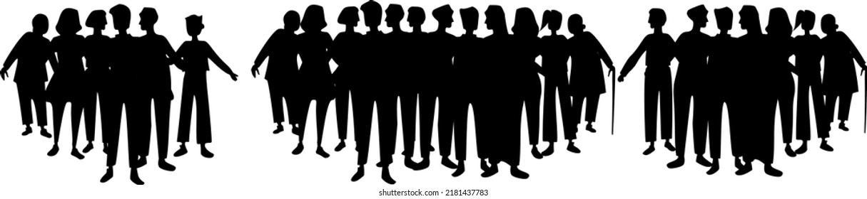 Grupo de personas vectoras se mantiene unido en la silueta de grupo, la diversidad y el día mundial de la igualdad.