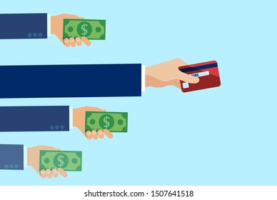 Vector of people hands making payment with cash and most popular method by credit card. 