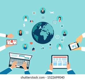 Vector Of People Hands Using Modern Gadgets, Communicating On Social Media Platform Worldwide 