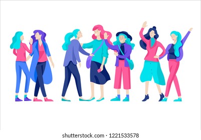 Vector people happy friends character. Group of teenagers in winter or autumn trendy clother, with gadgets are walking and chatting. Colorful flat concept illustration.