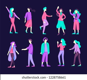 Vector people happy friends character. Group of teenagers in winter or autumn trendy clother, with gadgets are walking and chatting. Colorful flat concept illustration.