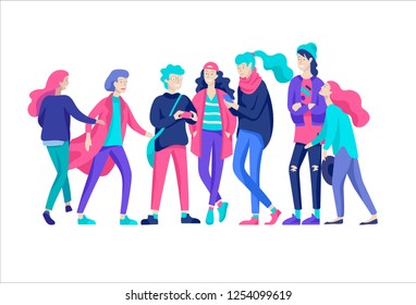 Vector people happy friends character. Group of teenagers in winter or autumn trendy clother, with gadgets are walking and chatting. Colorful flat concept illustration.