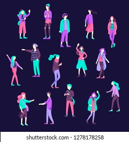 Vector people happy friends character. Group of teenagers in winter or autumn trendy clother, with gadgets are walking and chatting. Colorful flat concept illustration.