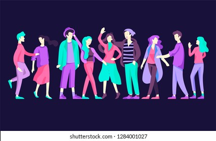 Vector people happy friends character. Group of teenagers in winter or autumn trendy clother, with gadgets are walking and chatting. Colorful flat concept illustration.