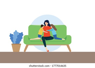 vector of people Happy to hug mom, because it's at home. Children are happy because the mother is at home and does not work