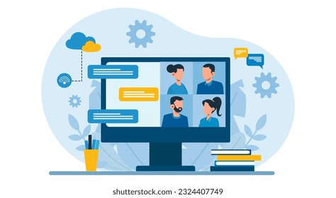 Vector of people having online conference call on desktop computer