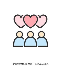 Vector people with heart bubbles, love chat flat color line icon.