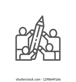 Vector people hold big pencil line icon. Symbol and sign illustration design. Isolated on white background