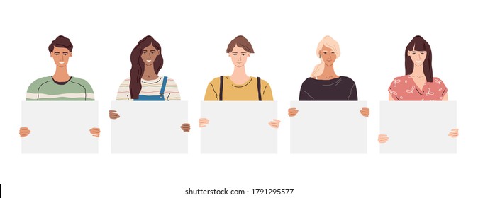 Vector people holding placards illustration. Group of young men and women demonstrating blank signs and banners. Smiling character portrait set with place for text