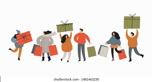 Vector people hurrying for a great Christmas sale to the shop.  People are buying gifts for New Year 2020. Vector illustration in cartoon style