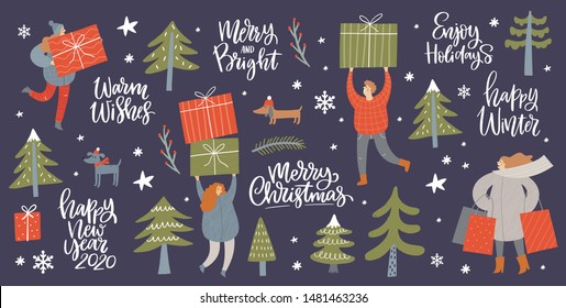Vector people hurrying for a great Christmas sale to the shop.  People are buying gifts for New Year 2020. Vector illustration in cartoon style