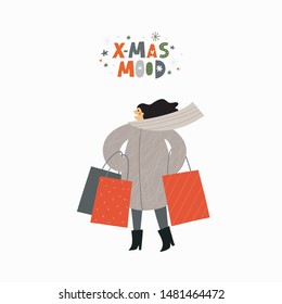 Vector people hurrying for a great Christmas sale to the shop.  People are buying gifts for New Year 2020. Vector illustration in cartoon style