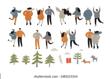 Vector people hurrying for a great Christmas sale to the shop.  People are buying gifts for New Year 2020. Vector illustration in cartoon style