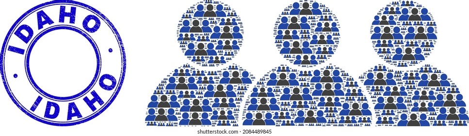 Vector people icon mosaic is formed with scattered self people items. Idaho corroded blue round stamp seal. Fractal mosaic from people icon. Blue seal includes Idaho caption inside round shape.