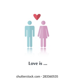 Vector people icon,pictogram.Concept of relationship,blue,pink,male,female,red,couple,heart,over white and text Love is, in flat style