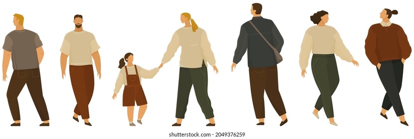 Vector people icons. Isolated flat male and female characters on white background, group of people. Man and woman, mother with child different person walking at city streets, human figures for design