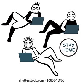 Vector people icons with medical face mask working with computers. Stay home text. Isolation. Concept of coronavirus quarantine and flu protection. New epidemic (2019-nCoV). 