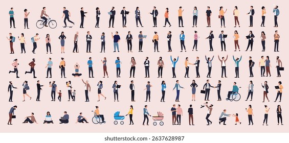 Vector people illustration collection - Big set of casual 2d diverse characters in side view flat design graphic, standing in various poses doing work and leisure activities