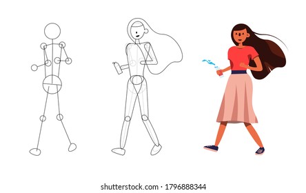 Vector people image. Characters illustration. Building the image of a girl. Dynamic position skeleton