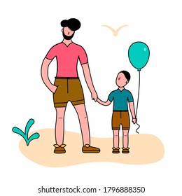 Imagen de vectores. Ilustración de caracteres. Niño y su hijo con una pelota