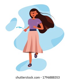 Vector people image. Characters illustration. Running girl with bottle of water