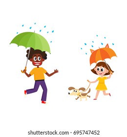 vector people keeping umbrella in rain set. Flat cartoon isolated illustration on a white background. Young boy and girl with dog pet walking in rain