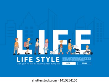 Vector people life style walking with flat big letters in line city buildings background