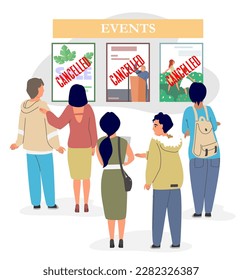 Vector people looking at posters with cancelled events. Cancellation of social mass or political gatherings, sale discount and different shows due to pandemic or war causes