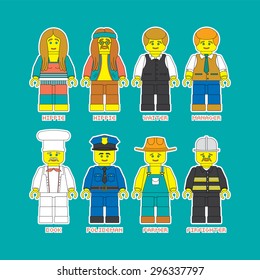Vector people made in cartoon style. Robot man of different professions. Isolated man in constructor style. Hippie vector.