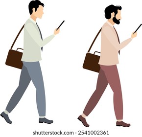 Pessoas vetoras. Personagem masculino. Empresários com maletas estão negociando ao telefone. Homem moderno com pele clara. 