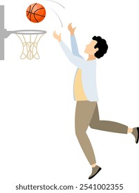 Vector people. Male character. A man throws a basketball into a basket. Modern man with light skin.