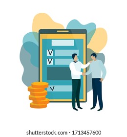 vector people man handshake good deal commerce contract gold coins money modern illustration