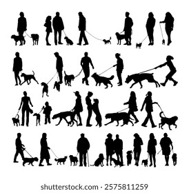 vector people man woman with dog silhouette