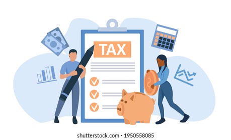 Vector of people man and woman filling tax return documents 