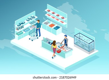 Vector of people men and women shopping in a sea food store